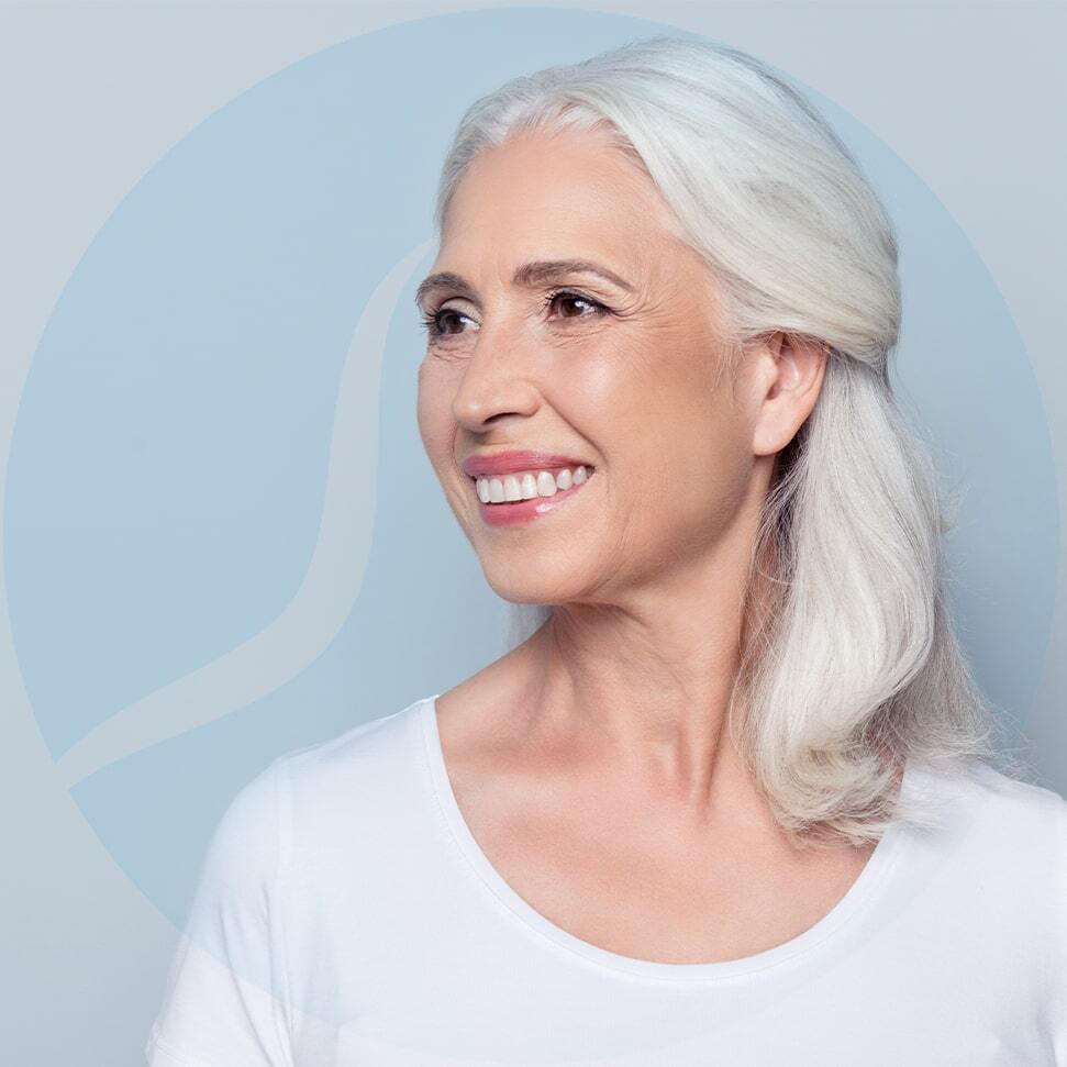woman facelift model with silvery hair